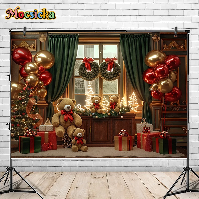 Mocsicka Winter Christmas Photography Backgrounds Teddy Bear Xmas Tree Holiday Party Kids Family Portrait Photo Backdrops Studio