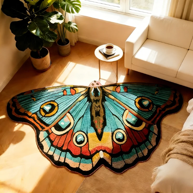 VIKAMA Colorful Butterfly Shaped Area Rug Soft Fluffy Non Slip Carpet Boho Artistic Insect Print Floor Mat for Living Room Decor