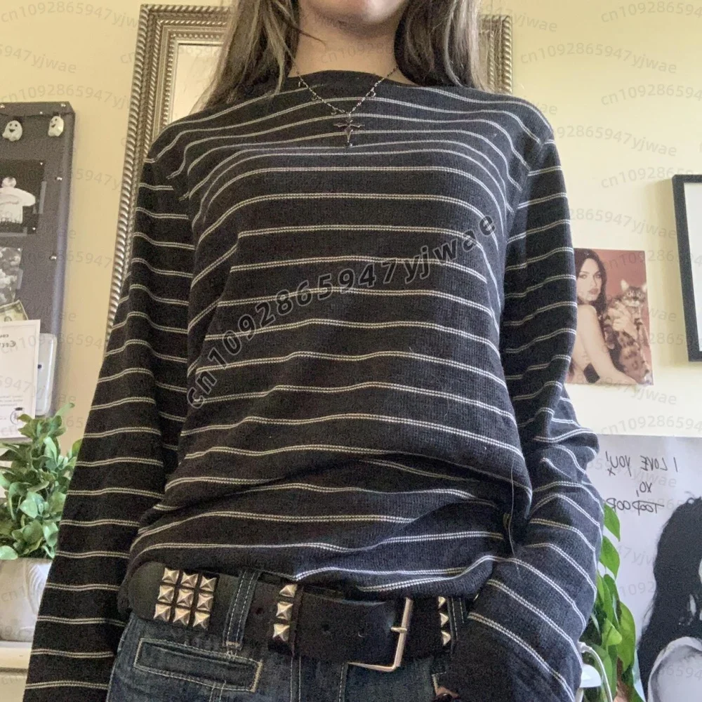 Y2k Teen Gestreifte Damen Langarm-T-Shirts Fairy Grunge Print Baggy Tops Vintage Harajuku E-Girl Shirts Vintage Damen Hoodies – Detail 12