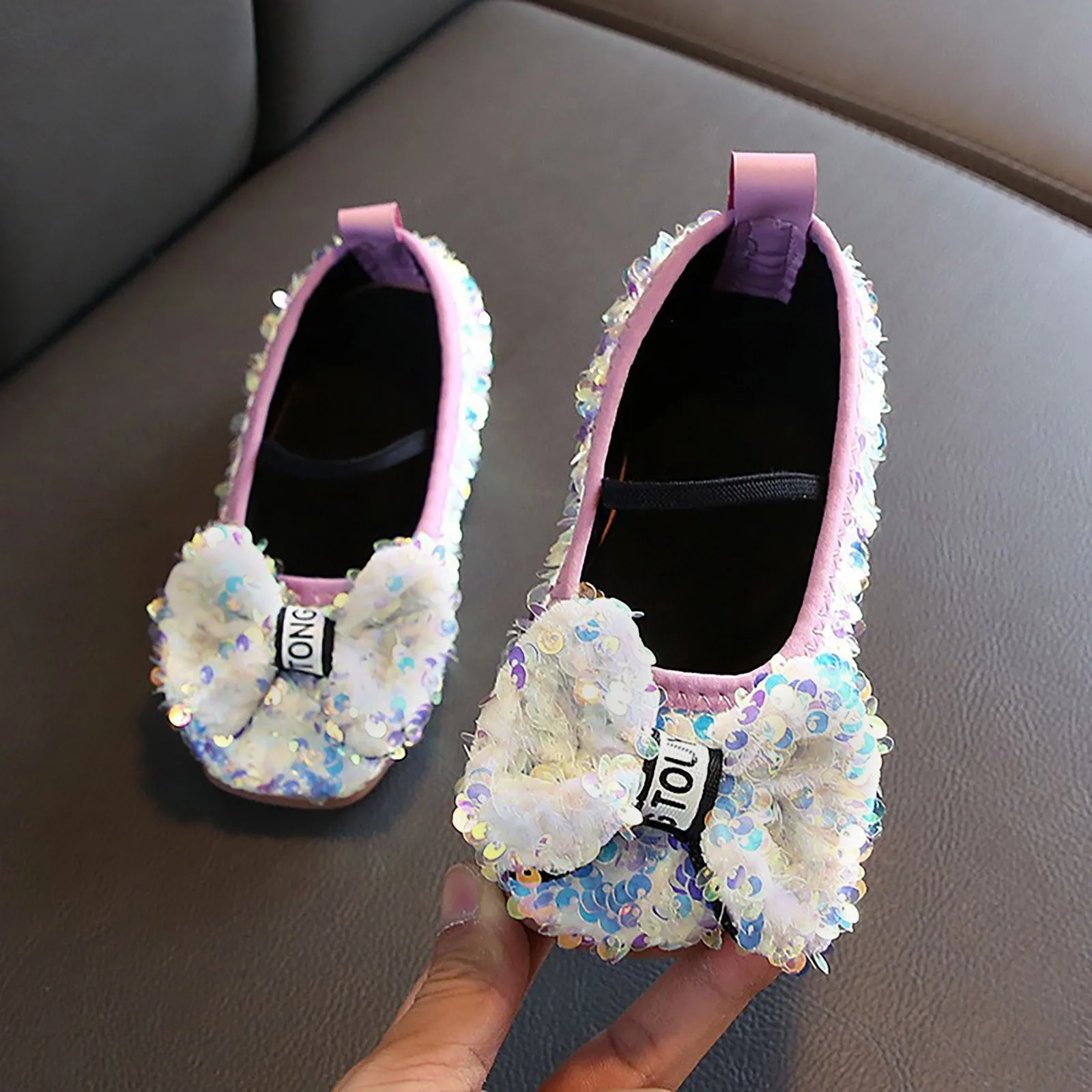 Girls Sequins Shoes 2024 Spring New Bow Princess Kid Shoes Versatile Flat Baby Shoe Girls Korean Princess Shoes Mary Jane Shoes