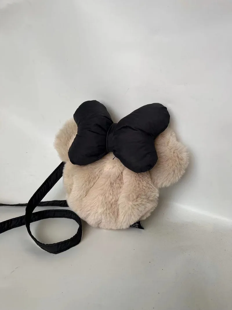 Disney Winter New Minnie Khaki Plush Bow Mini Children Toddler Soft Crossbody Bag