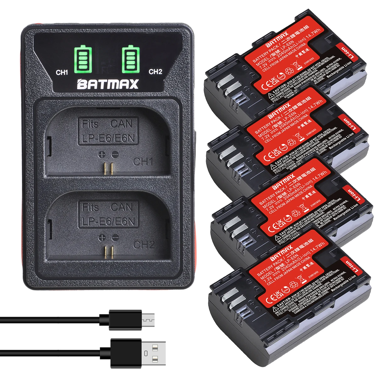 4X 2040mAh LP-E6 LP-E6N LP E6 Battery Japan Cell + LED Built-in USB Charger for Canon 5D Mark II III 7D 60D EOS 6D 70D 80D