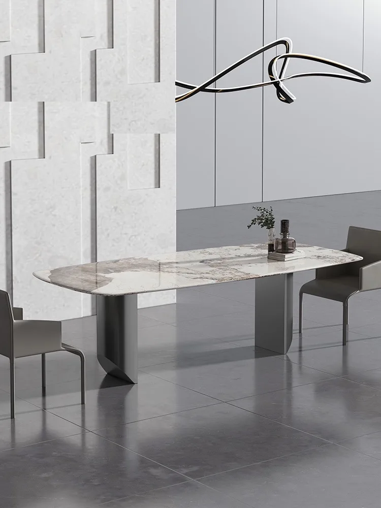 Italian light luxury Pandora glossy rock slab dining table modern simple small apartment rectangular stainless ste