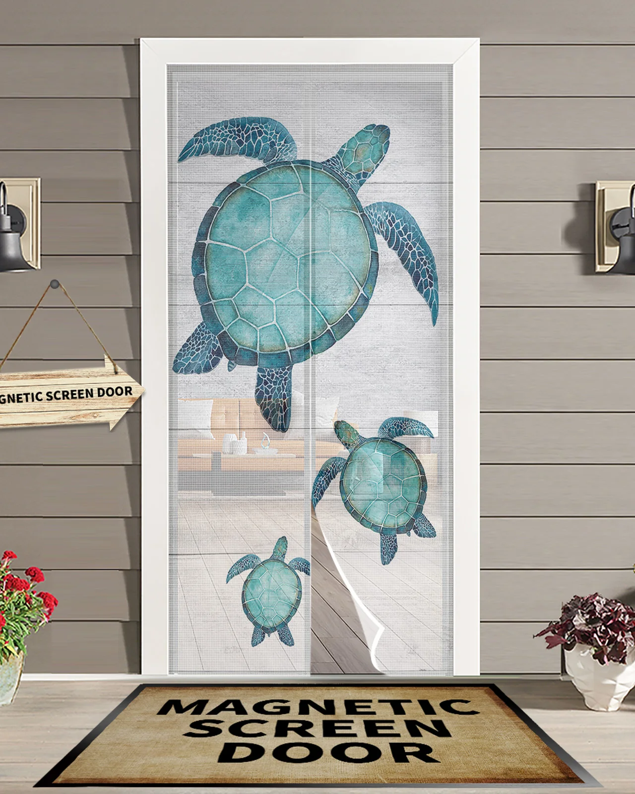 Summer Beach Sea Turtle Wood Grain Summer Magnetic Screen Door Curtain Anti Mosquito Net Insect Fly Bug Kitchen Curtains