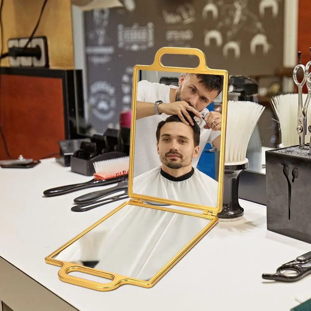 Dupla face cabeleireiro espelho portátil retrovisor dobrável salão de beleza espelho de mão de barbearia de alta definição