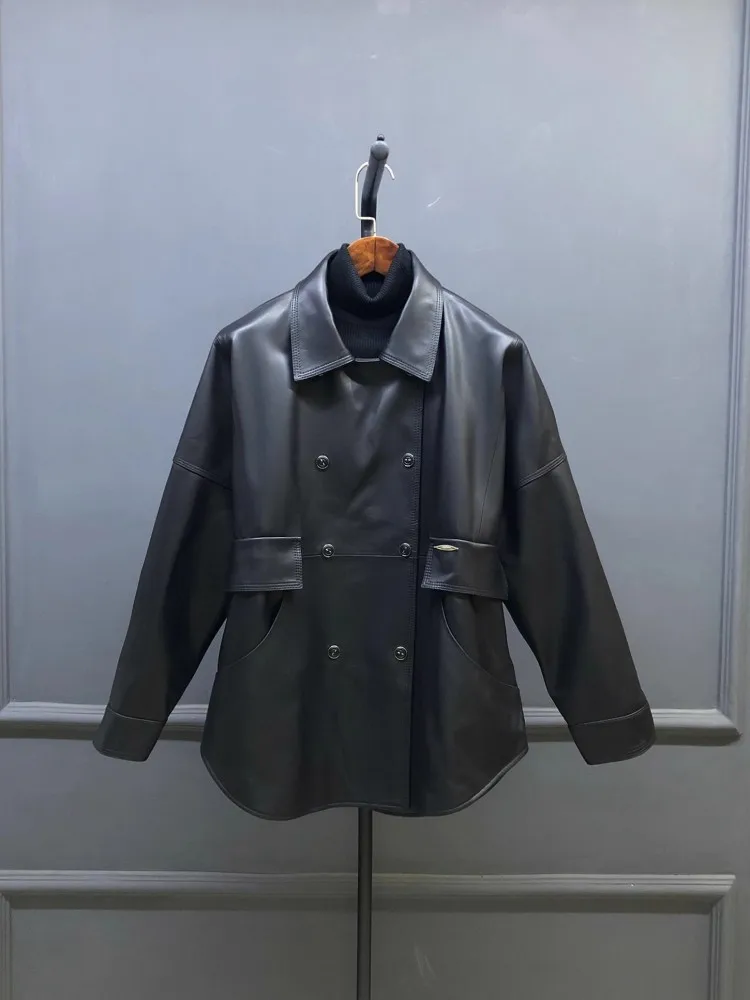 Veste en cuir véritable pour femmes, Double boutonnage, coupe ample, vêtements d'extérieur décontractés, mode peau de mouton, Streetwear, coupe-vent court