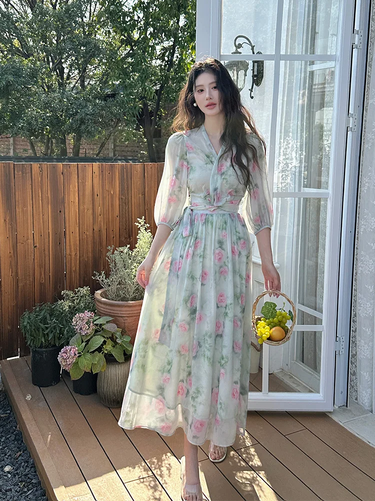 

Spring Women French Pink Green Floral Long Sleeve Tops And Elegant Sexy Pleated Bow Bandage Dress Bohemian Two Piece Set Popular