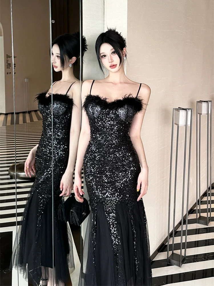 

Black Sequin Mesh Splice Strapless Evening Dress Sexy High Waist Fish Tail Long Gown for Adults Wedding Dress Party Gown