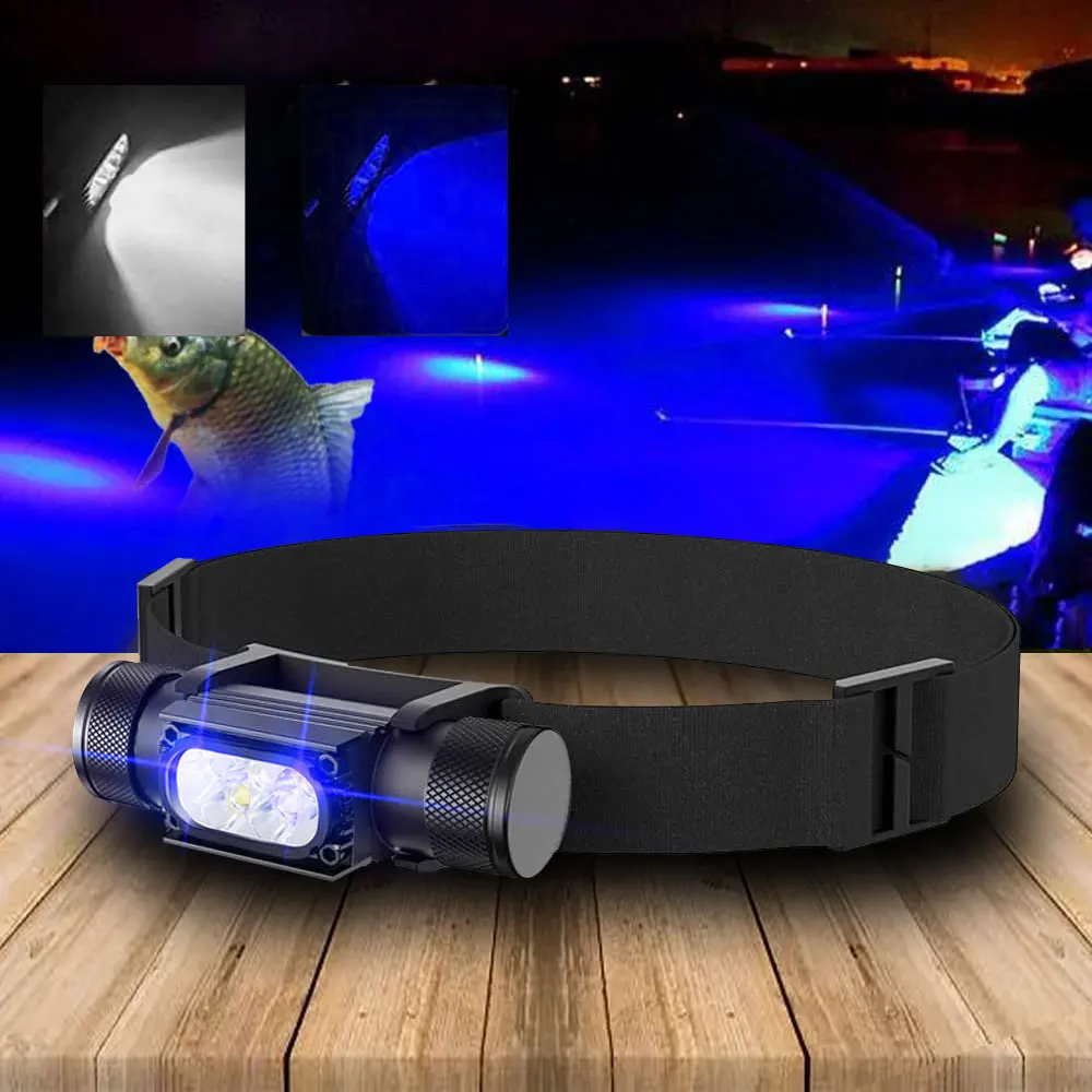 

LED Mini night fishing Headlamp High Power White Blue Headlight 18650 Type-C USB Head Torch catch fish Flashlight Lamp