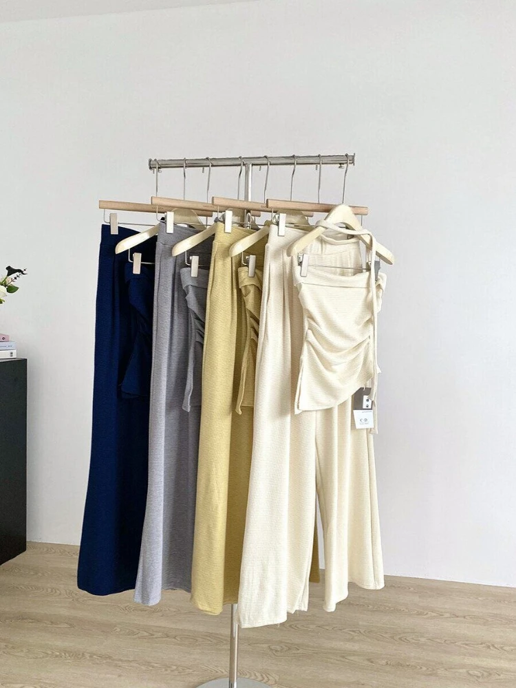Summer new spicy girl two-piece set niche and unique design slimming strapless top+loose straight pants solid color set