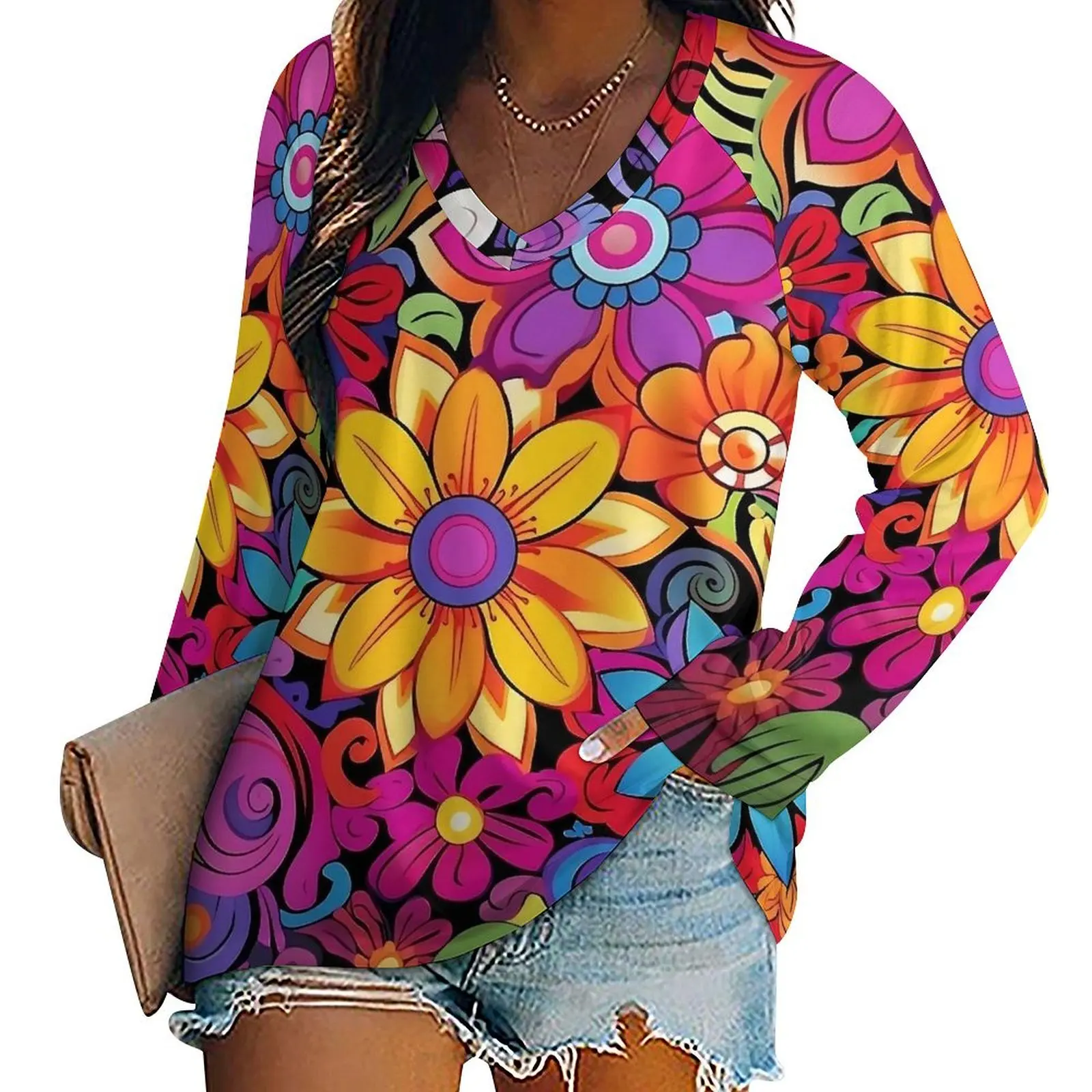 Flower Power T Shirt Psychedelic Floral Modern Long Sleeve T-Shirts Female V Neck Loose Tshirt Oversized Graphic Tees