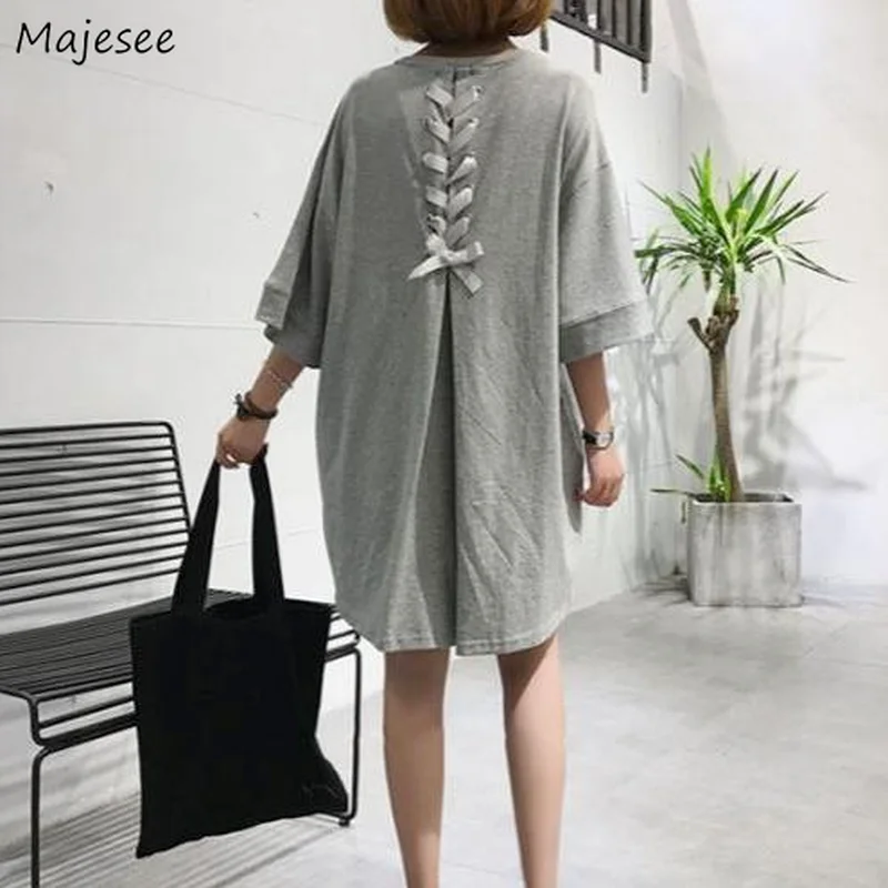 T-shirts Women Half Sleeve Solid Color Hot Sale Female M-4XL Long Back Bandage Casual Soft O-neck Korean Style Comfortable Cozy