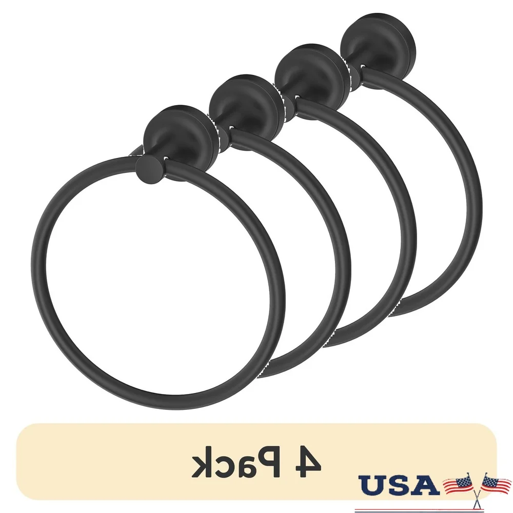 

4 Pack Wall Mount Towel Ring Matte Black Metal Rust Resistant Hand Towel Holder Easy Install Durable Modern Design Safe Kids