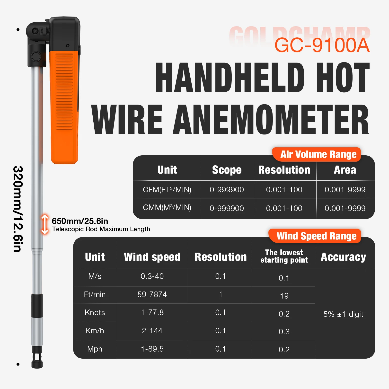 Digital Smart Anemometer Retractable Hot Wire 0.1-30m/s Wind Speed Meter Waterproof Environmental Testing For Model 5000Y
