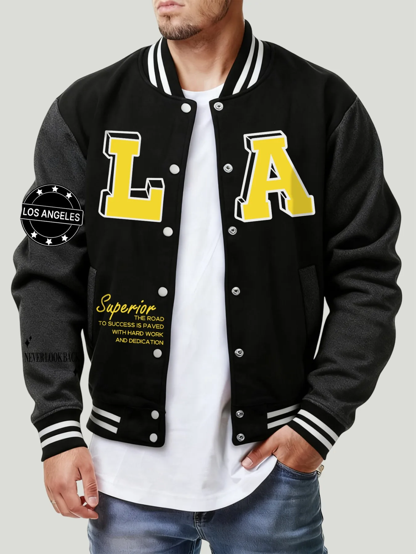 لا تنظر أبدًا إلى الوراء، مطبوعات شخصية، ملابس بيسبول جيرسي هاراجوكو للرجال، سترة فضفاضة كلاسيكية من الصوف، ملابس رياضية ناعمة #2