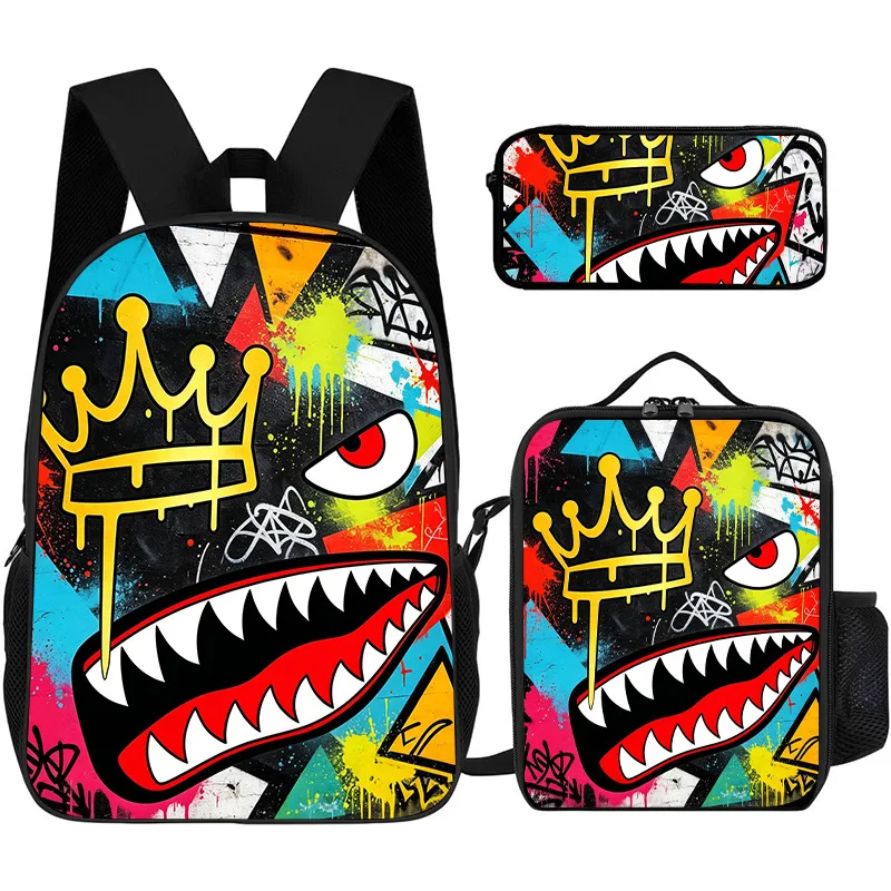 3pcs/Set Trendy Shark Graphic Backpack Graffiti Art Cartoon Print School Backpack Lightweight Casual Daypack for Students Travel