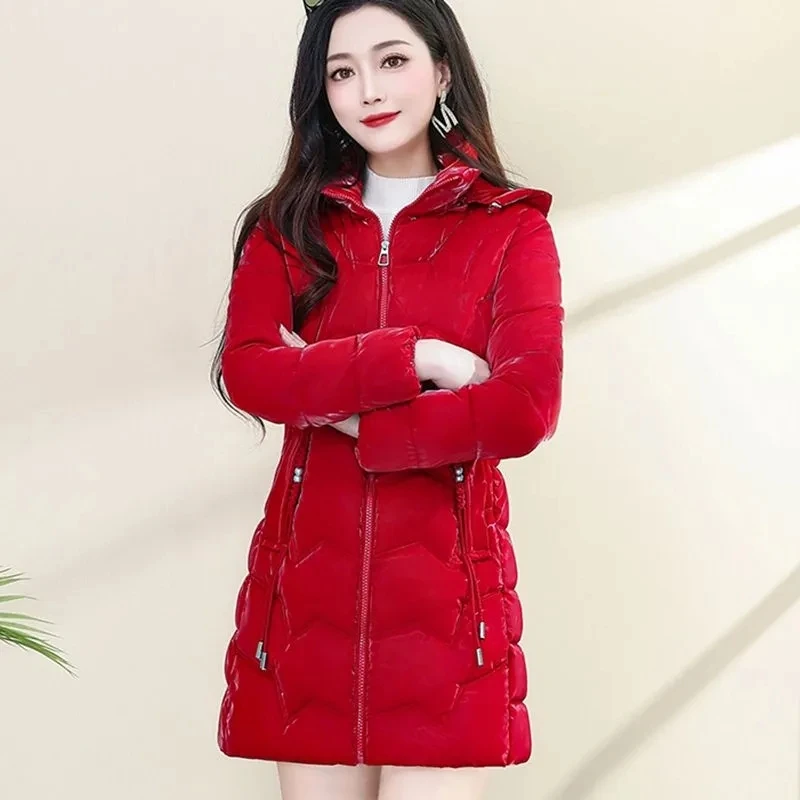 2024 New Autumn Winter Bright Cotton-Padded Jacket Women's Overcoat Fashion Long Slim Wash-Free Hooded Warm Cotton Jacket Coat