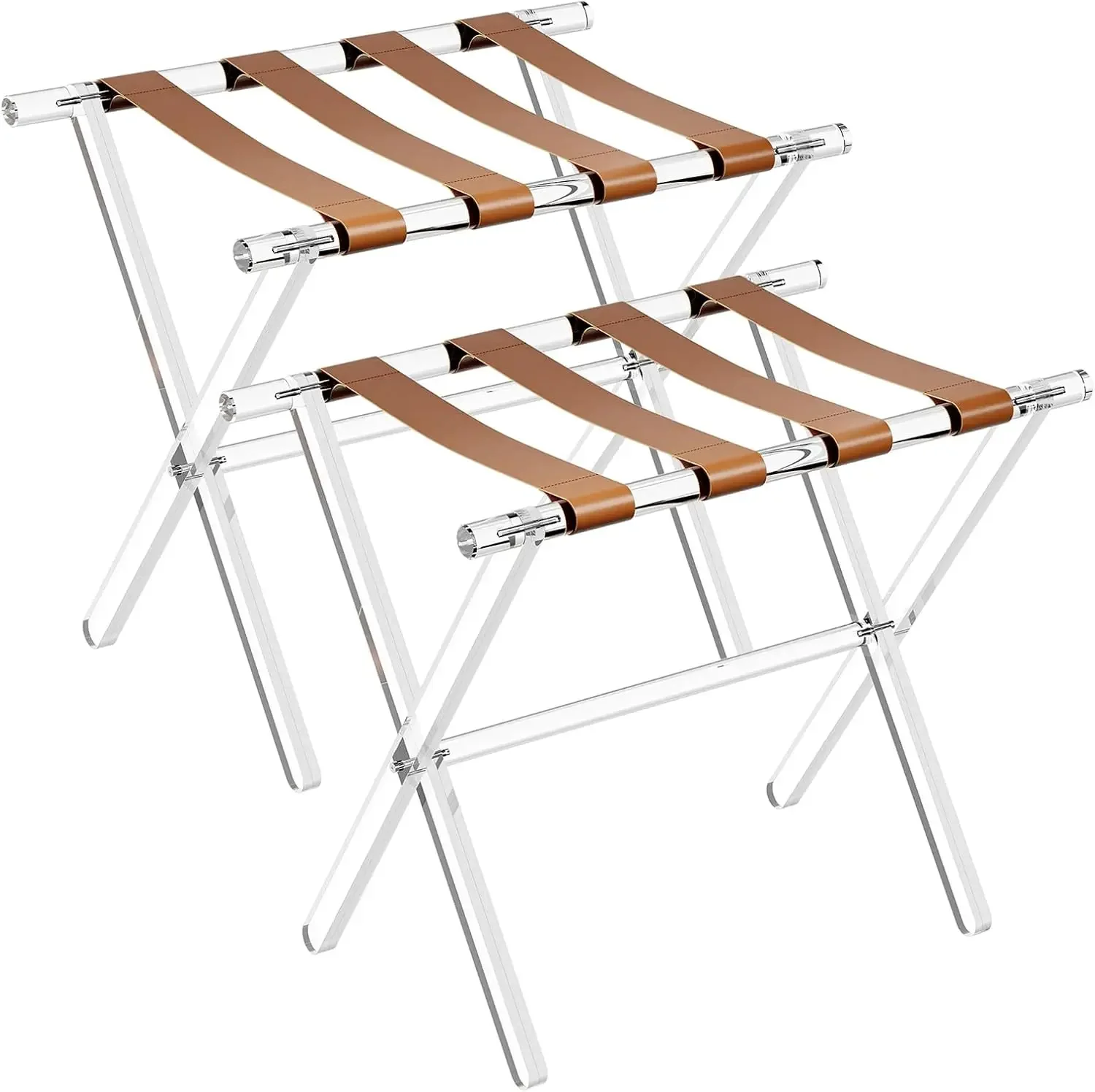 Acrylic Luggage Rack with Brown Leather Straps for Guest Room - 2 Pack Foldable Clear Fancy Suitcase Stand for Bedroom