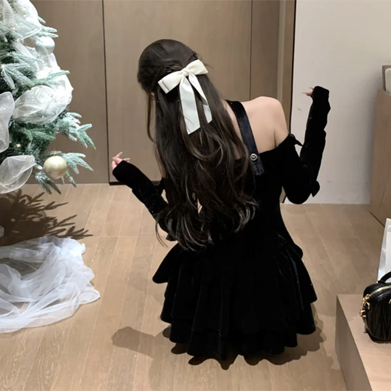 Slash neck veludo preto vestido preppy manga longa princesa magro em camadas vestido sexy sem alças aniversário festa de natal vestidos