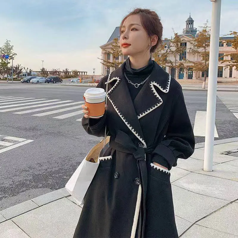 Winter Black Trench Coat For Women Elegant Fashion Korean Casual Wool Coat  Lace-up Long  Jacket Woman Wollen Coat With Blet