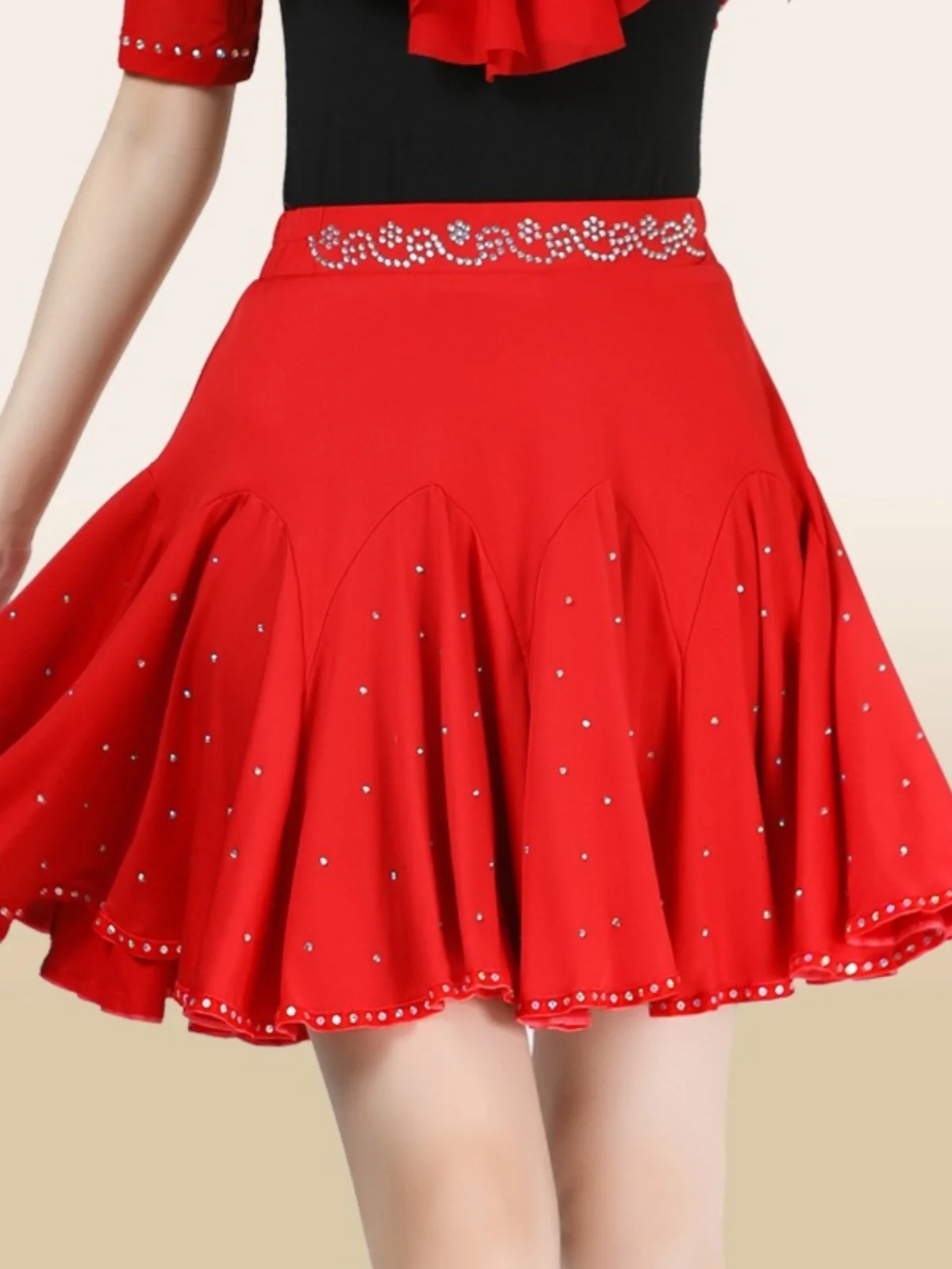 Red Short Dance Skirt Square Dance Three-step Stamp Big Swing Sailor Dance Midi Skirt Social Dance Polyester Fiber A-line Skirt