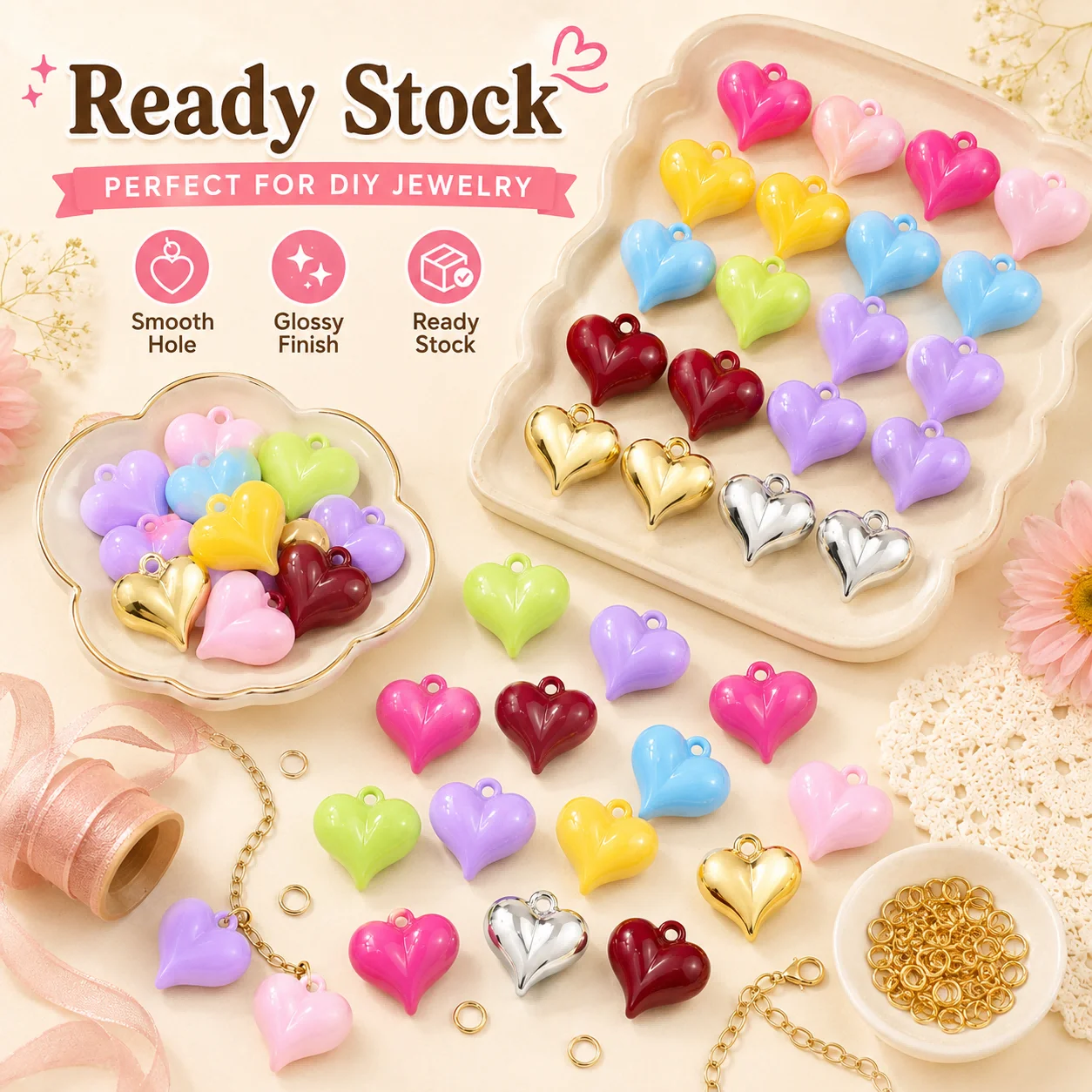 29mm Acrylic Coated Beads with Holes Heart Shaped Multicolor Handmade DIY Jewelry Making Bracelet Necklace and Link Accessories