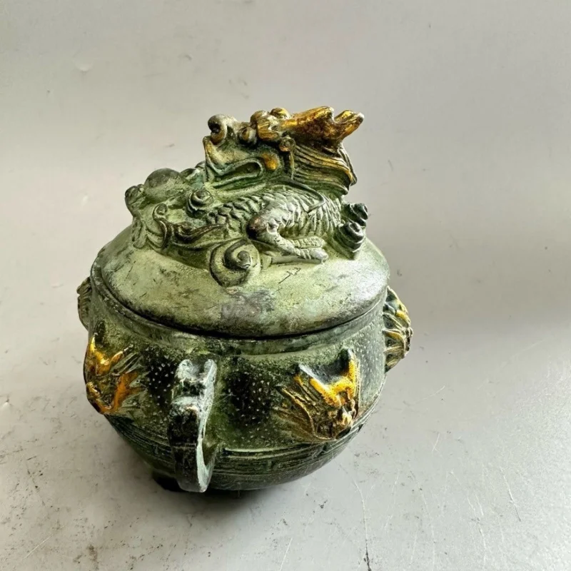 

Antique Bronze Gilt-Plated Dragon Incense Burner, Home Decorative Craft with Patina, Old Taoist Art Ornament