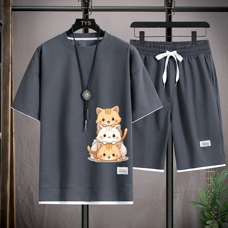 

Летний спортивный костюм для мужчин: повседневный комплект больших размеров в гонконгском стиле, модные шорты и футболка из полиэстера для молодежи