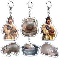 Jesus Love Moo Deng Meme Keychains Keyring for Accessories Bag Cute Pesto Penguin Pygmy Hippo Baby Keyrings Jewelry Fans Gifts