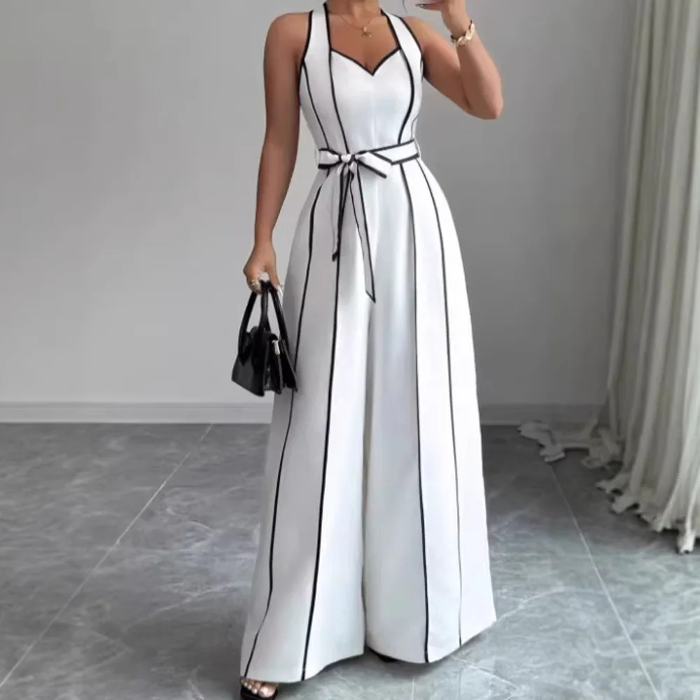 Women's New French-style Striped Sleeveless V-neck Black And White Contrast Wide-leg Jumpsuit Evening Dresses Elegant Lace