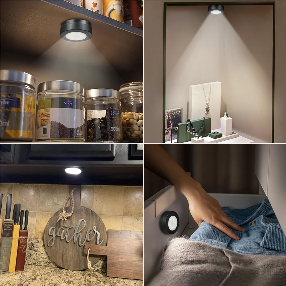 3/6Pcs Black Round LED Under Cabinet Closet Light Furniture Dimmable Wardrobe Lamp CCT WWCW 3000K 4000K 6500K Remote Control