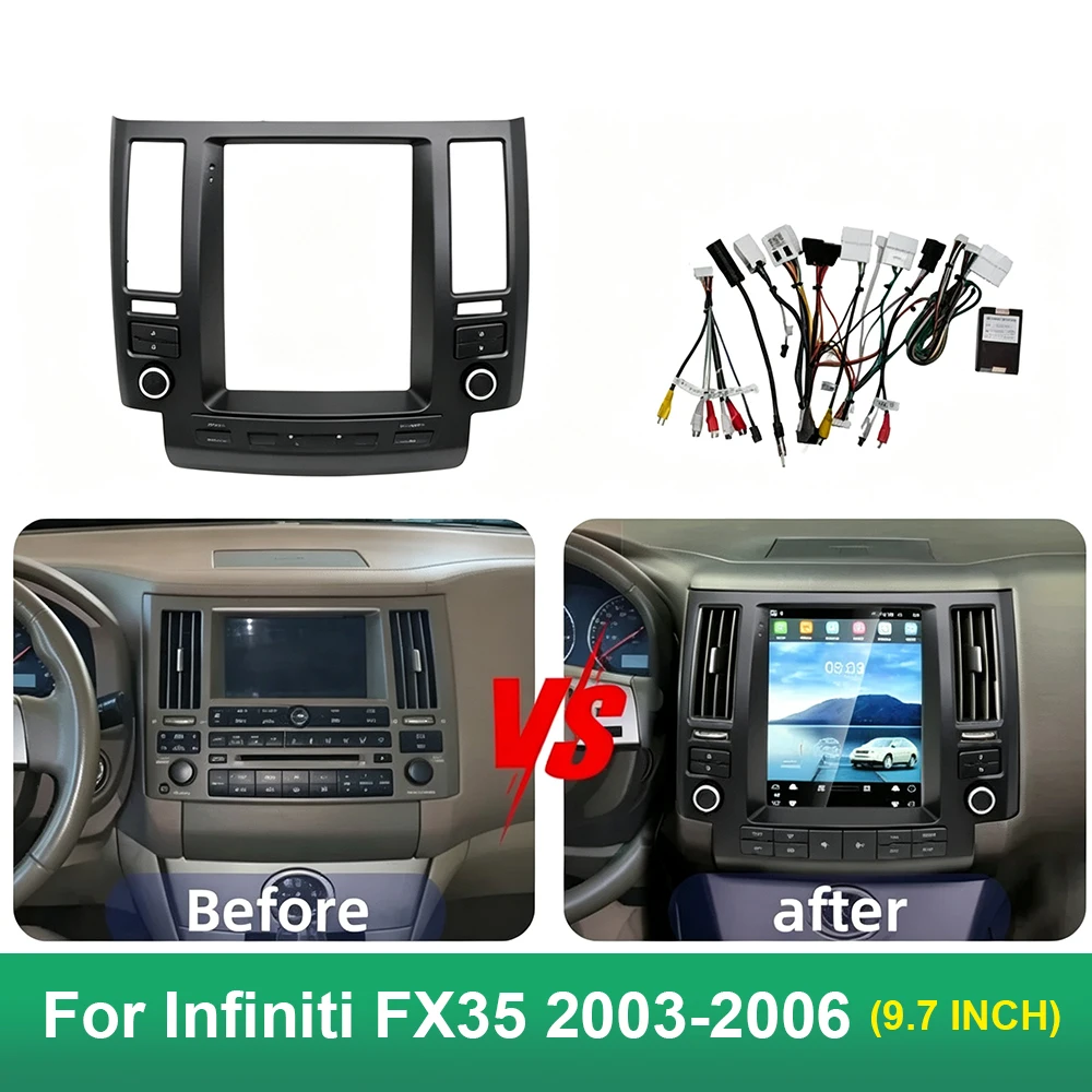 9.7 Inch Car Radio Fascia Frame For Infiniti FX35 2003-2006 Black Android Stereo Panel with Wiring Harness CANBUS