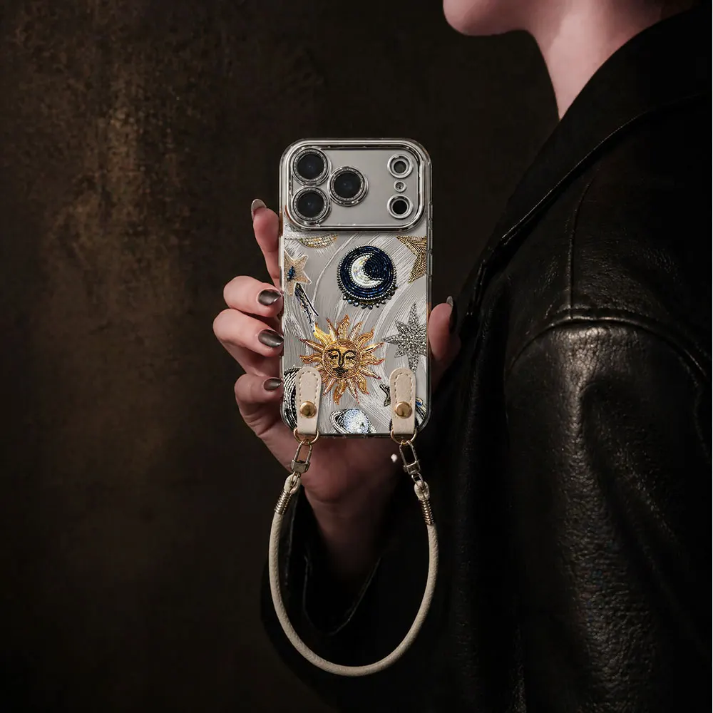 Lanyard Wrist Strap Sun Moon Phone Case For iPhone 16E 17E 7 8 15 16 14 Plus X XS XR 14 13 12 11 17 16 15 Pro Max Silicone Cover