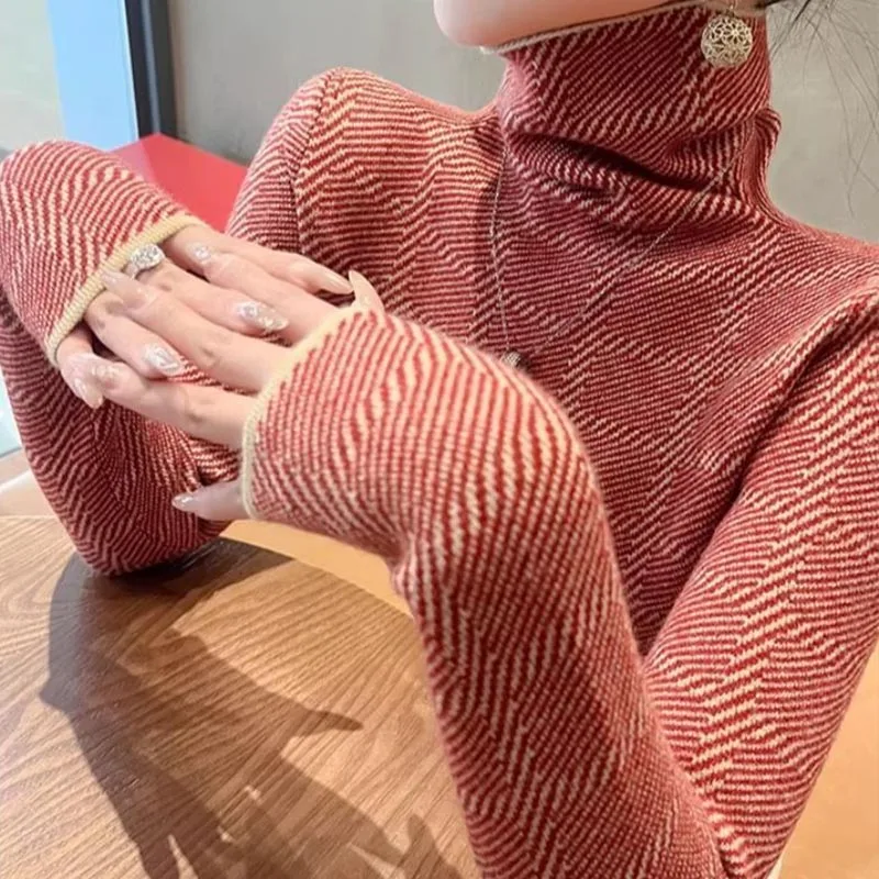 

Женская одежда, модные водолазки, лоскутные свитера с геометрическим рисунком, осень-зима, элегантные тонкие универсальные вязаные пуловеры, женские топы