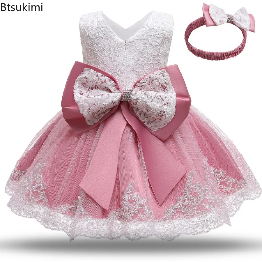 New Summer Baby Girls Dress Lace Big Bow Pink Baptism Dresses for Girl 1st Year Birthday Party Wedding Baby Clothing 4-6 Years