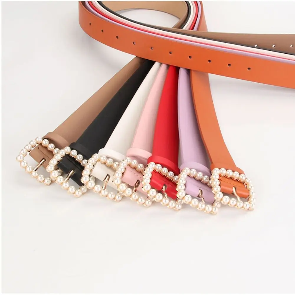 

Punk PU Leather Metal Buckle Belts Pearl Korean Style Women Waistbands Wide Solid Color Korean Waist Belts Jeans