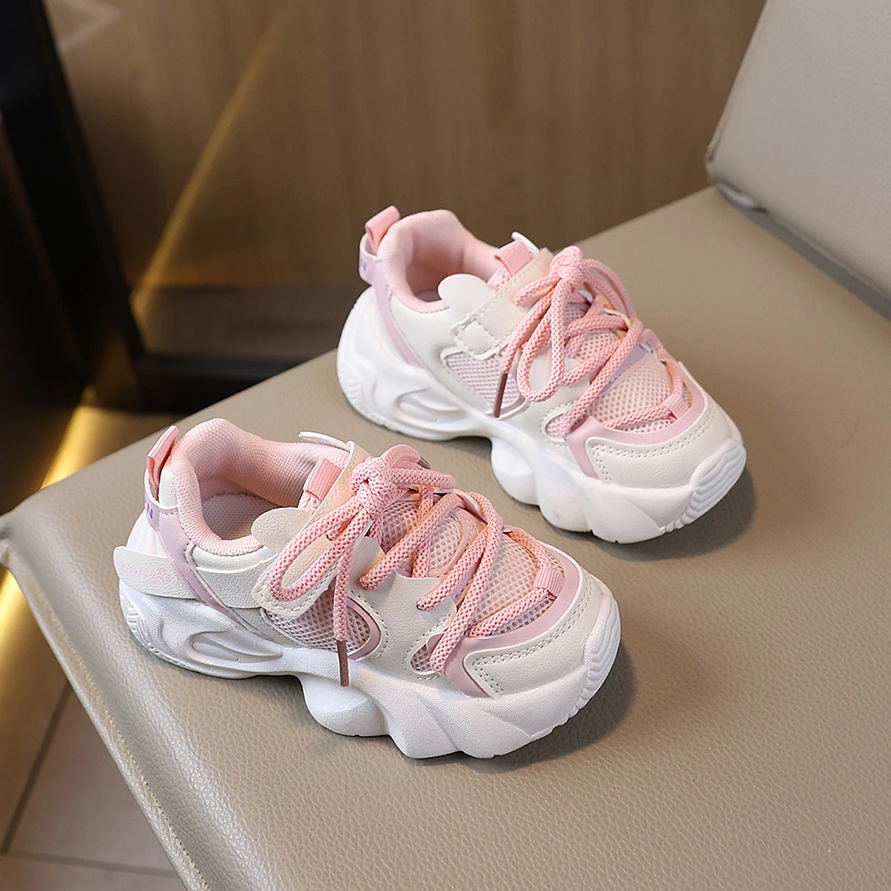 COMFY KIDS Girls 3-8 Years Pink White Chunky Sneakers Mesh Upper Breathable Lace-Up Soft Comfortable Sole Cushioned Daily Casual School Shoes