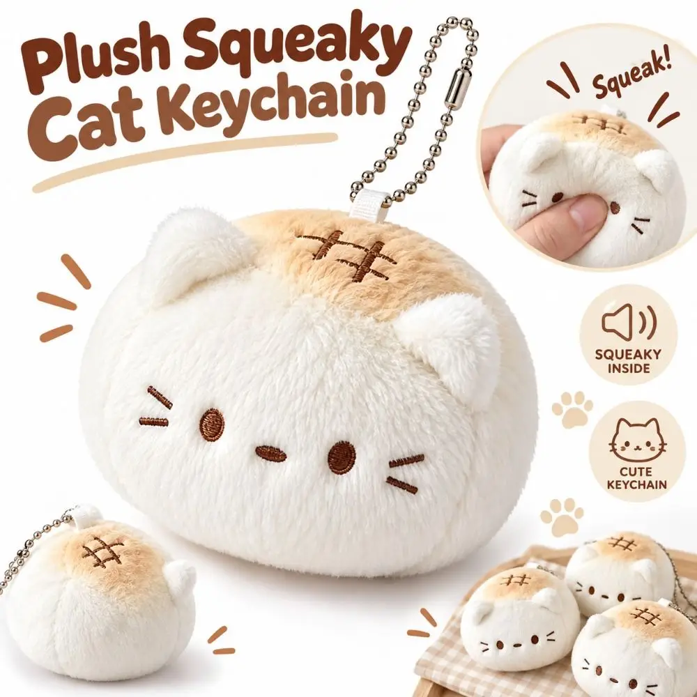 Soft Fluffy Cat Plush Keychain Squeaky Sound Kawaii Cartoon Fluffy Cat Bag Charm Beaded Chain Plush Mini Plush Keychain