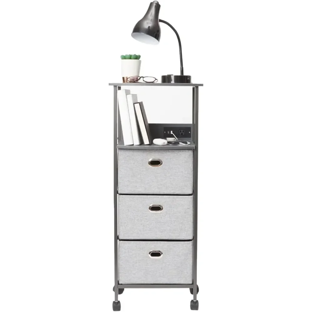 3 Drawer Charging Cart on Wheels, 3 Drawers, Fabric Drawers for Clothes & Storage ,1 Oulet & 2 USB Ports