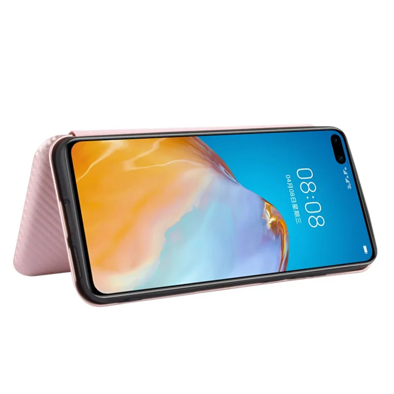 حافظة من ألياف الكربون مصنوعة من الجلد وحامل مغناطيسي وفتحة للبطاقات وغطاء مقاوم للصدمات لهاتف هواوي P40 كابا فوندا كوكيه