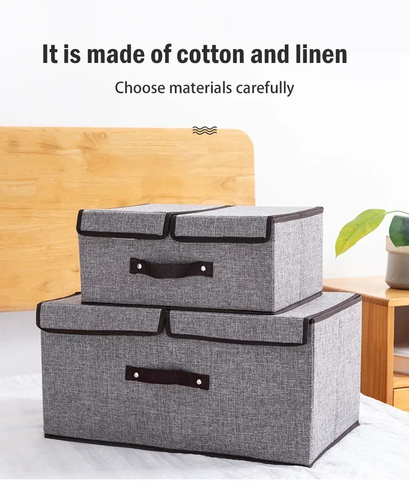 Cotton Linen Double-Lid Storage Box, Foldable Clothes Organizer with Reinforced Handles for Wardrobe