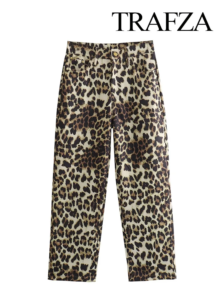 

TRAFZA Women Chic Casual Leopard Print High Waist Straight Pants Female Fashion Button Decoration Streetwear Slim Trousers