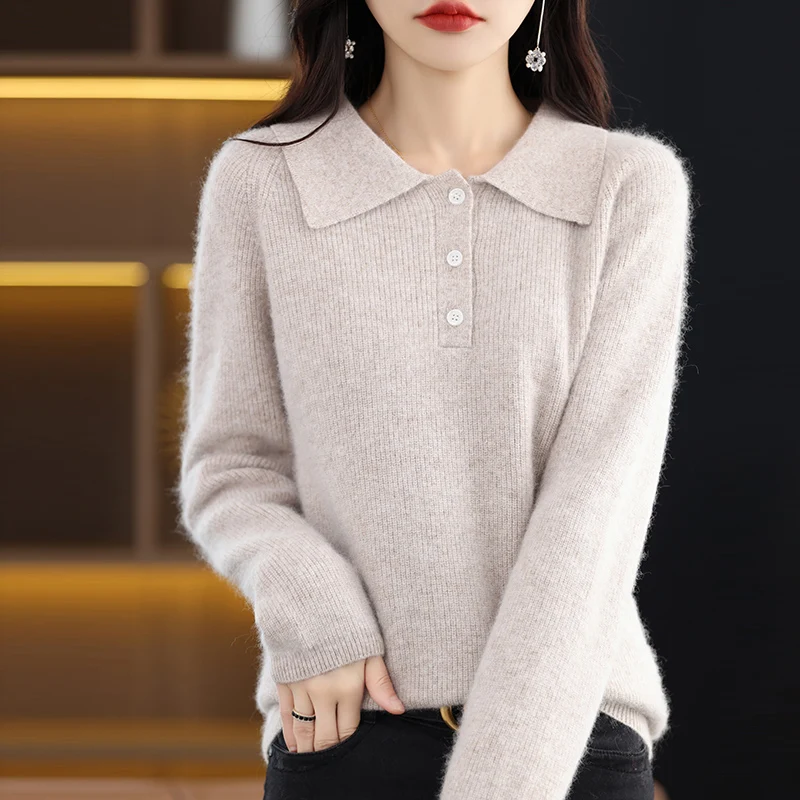 

23 Autumn Winter New Mink Fleece Sweater Women's Polo Neck Long Sleeve Pullover 100% Pure Mink Fleece Thickened Solid Color Knit