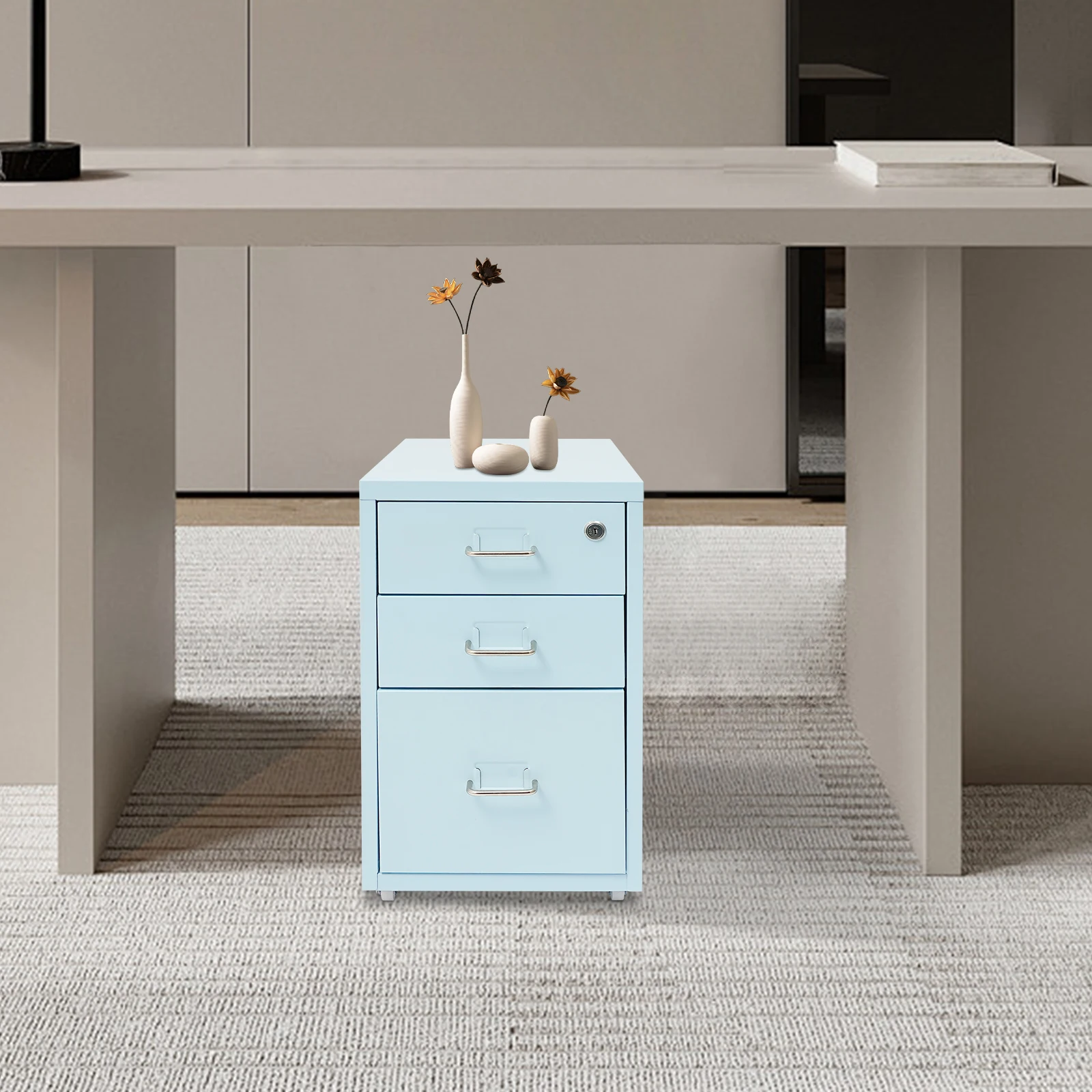 

3-слойный металлический шкаф с замком для документов с колесиками — синий для офисной школы, хранения канцелярских товаров, папок, личных товаров