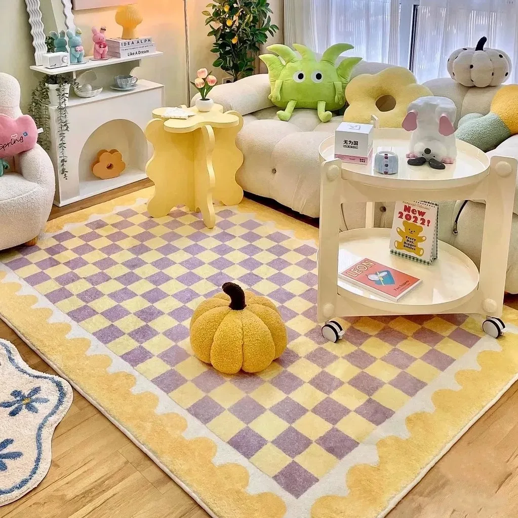 Floot Mat for Living Room Soft Comfortable Faux Cashmere Carpet Pink Wavy Lace Cute Checkerboard Foot Mats Home Decoration Rug