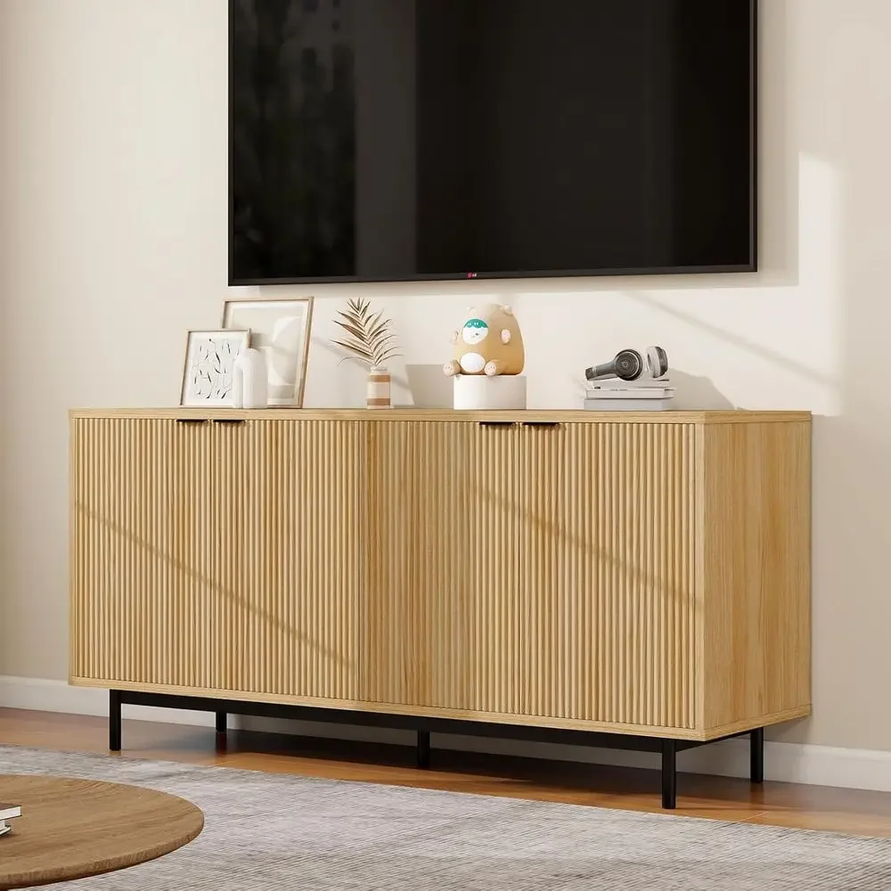 65 TV Stand with Storage Cabinets & Adjustable Shelves for Living Room, Natural Wood Finish