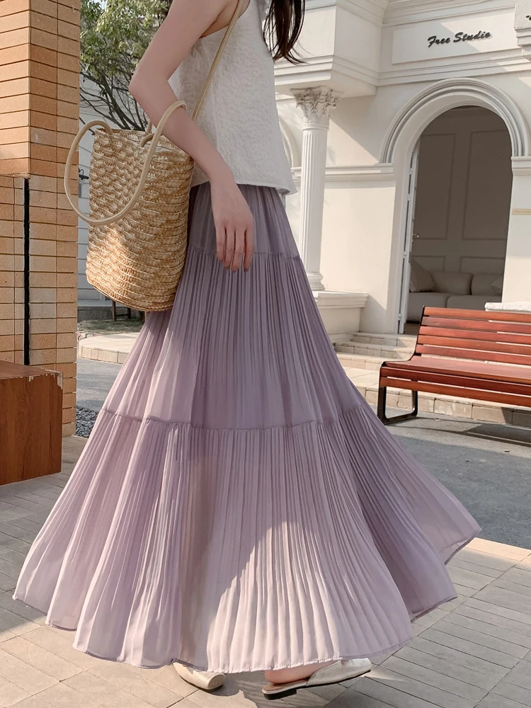 Biała Szyfonowa Plisowana Długa Spódnica w Kształcie Litery A Damska Letnia Nowa Elegancka Spódnica Midi z Wysokim Stanem i Szerokim Dołem w Kształcie Parasola Wyszczuplająca