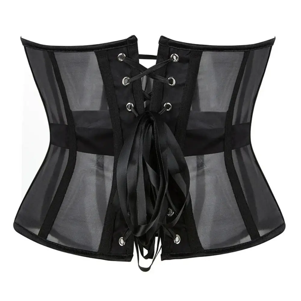 Sexy Nylon Underbust Corset Black Adjustable Strap Mesh Corset Lace Up Fish Bone Girdle Belt Women