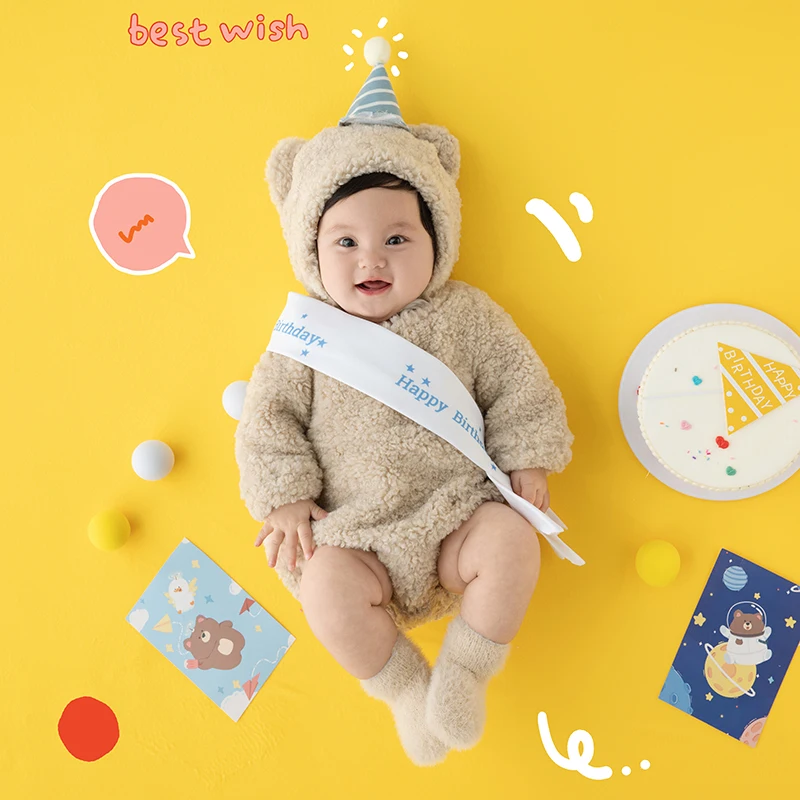 Baby Photography Clothes Plush Bear Hat Jumpsuit Set 3-5 Month Baby Outfit Birthday Cake Theme Photo Props Studio Accessories