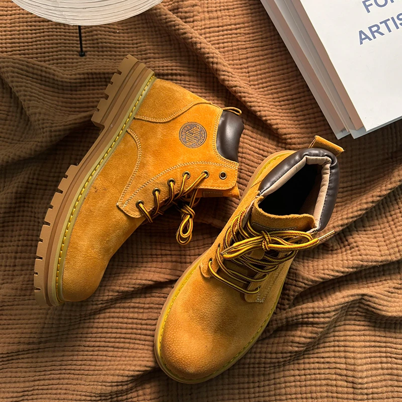 

Retro Workwear Motorcycle Boots Men's Casual Couple Large Yellow Boots Thick Bottom Heightening Mountain Boots